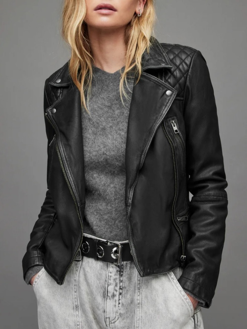 All Saints Black Quilted Leather Moto Jacket